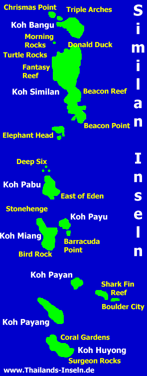 Карта мест для погружения дайверов на Симиланских островах